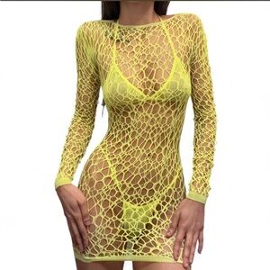 Neon Yellow Fishnet Dress 3Pc Set Bra Panty Cover Up💛💚